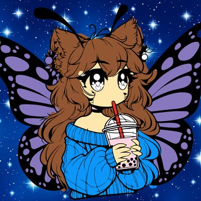 a realistic butterfly/furry girl drinking boba
