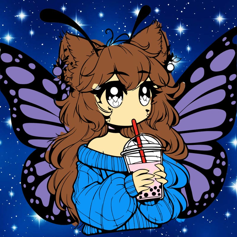 a realistic butterfly/furry girl drinking boba
