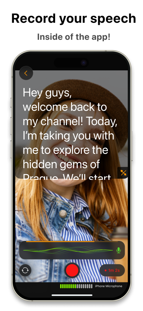 스크립트 오버레이가 있는 Teleprompter.com 앱 녹화 인터페이스를 표시하는 iPhone