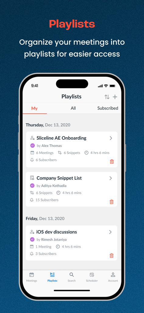 Avoma - Interface of the Avoma app displaying organized meeting playlists on an iPhone