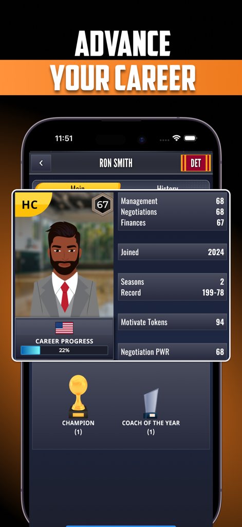 Ultimate Pro Basketball GM - Career progression screen in Ultimate Pro Basketball GM showing head coach stats and awards