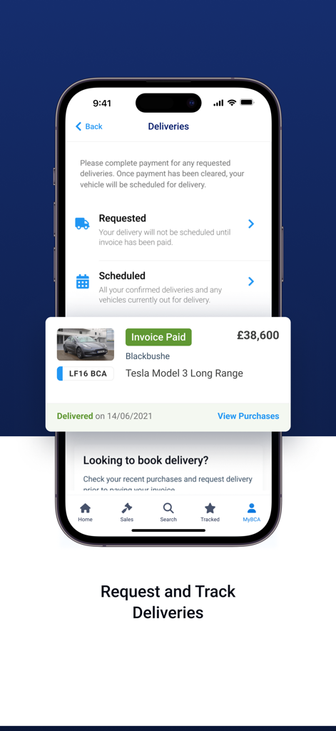 BCA Buyer - Mobile interface for tracking vehicle deliveries in the BCA Buyer app