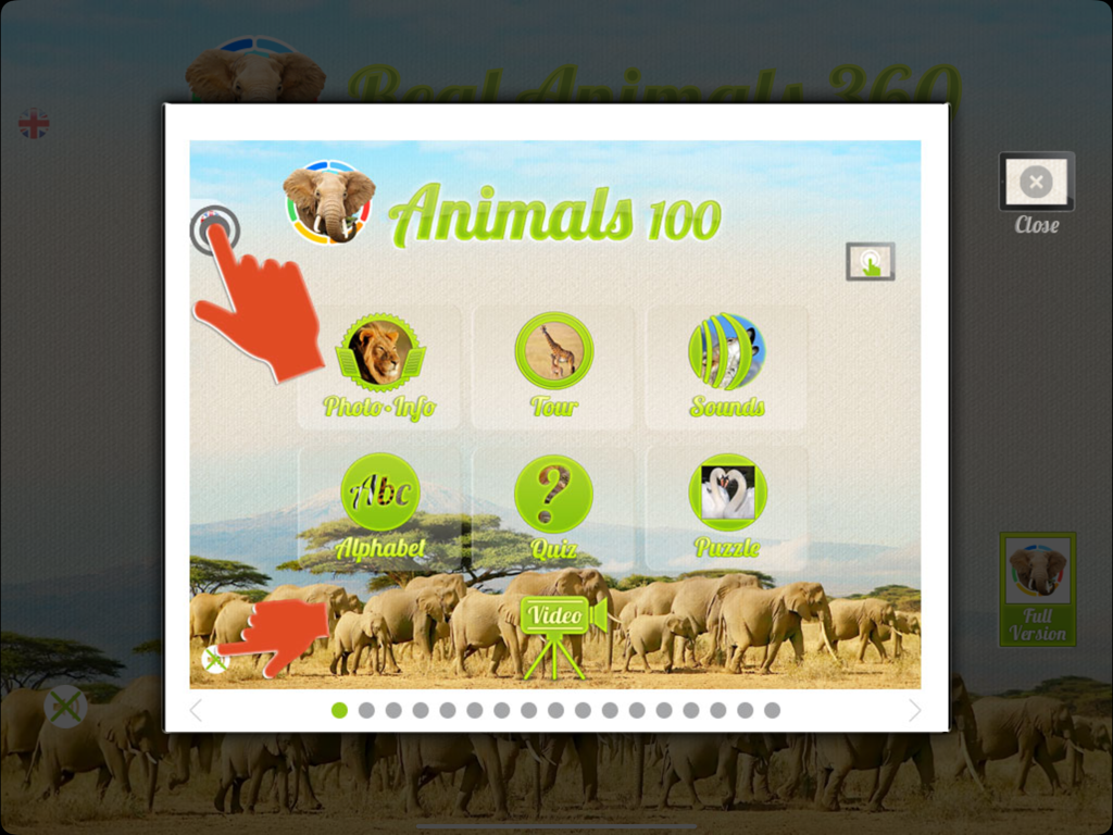 Real Animals 360 - Menu principal de l'application éducative Real Animals 360 pour enfants montrant différents modes d'apprentissage comme Info Photo, Sons et Quiz.