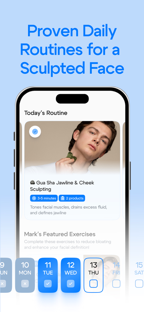 Mobile App-Oberfläche, die einen Mann zeigt, der eine Gua Sha-Routine zur Formung von Kiefer und Wangen durchführt
