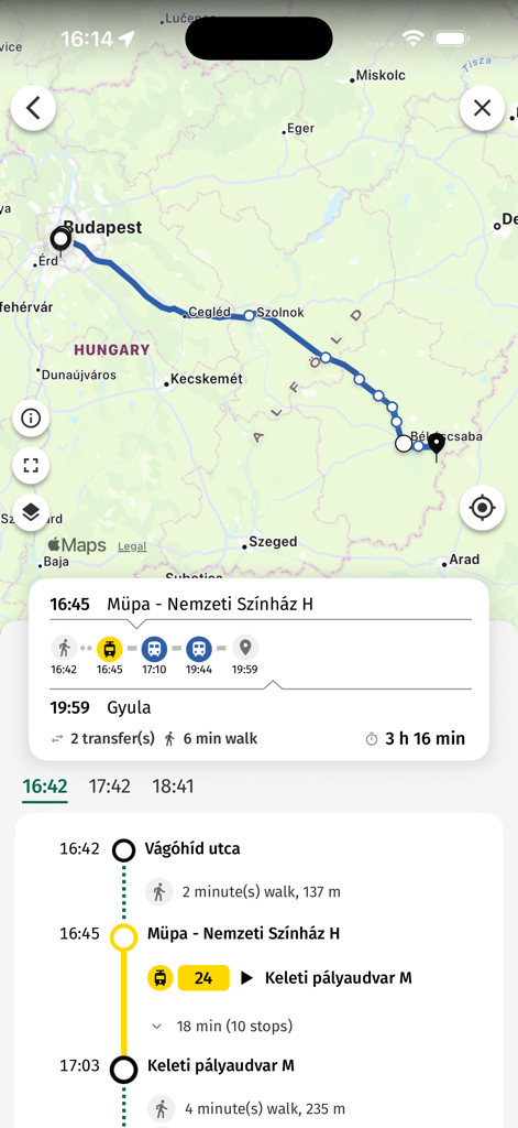utas.hu - Detailed trip plan with map showing public transit route from Budapest to Gyula