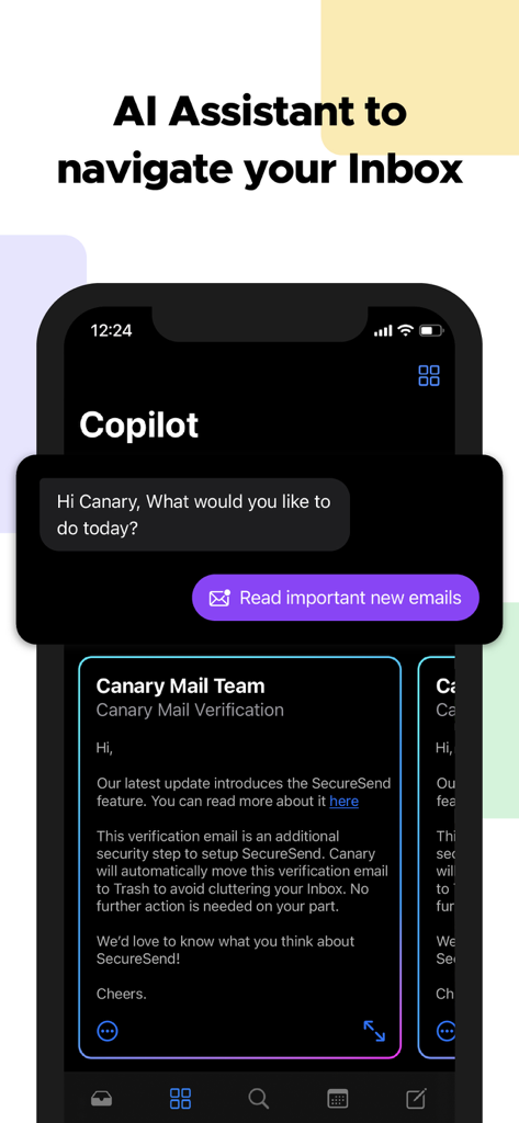 Canary Mail AI assistant interface showing the Copilot feature on an iPhone