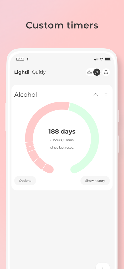 Quitly app interface showing a custom sobriety timer for alcohol with 188 days of progress