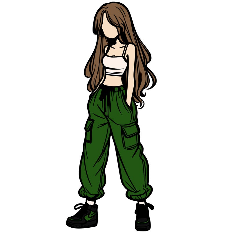 girl in baggy pants crop top and long hair