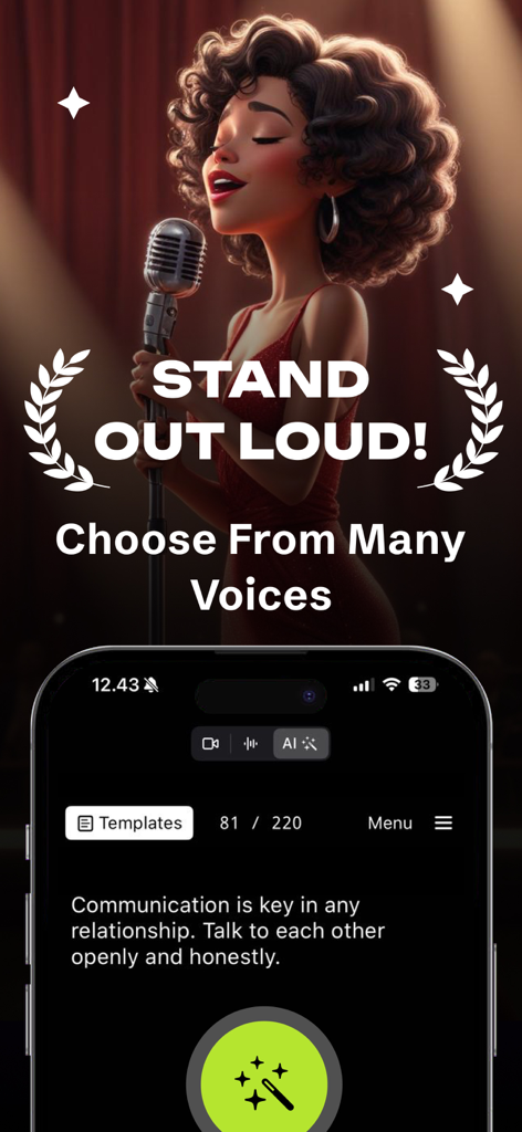 Auto Voice Tune - AI Changer - Interfaz de la aplicación Auto Voice Tune AI Changer con un personaje 3D cantando en un micrófono y una herramienta de texto a voz