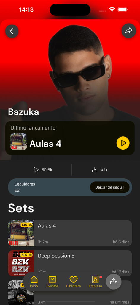 DJ Bazuka profile screen in the RockDoido app showing music sets and download counts