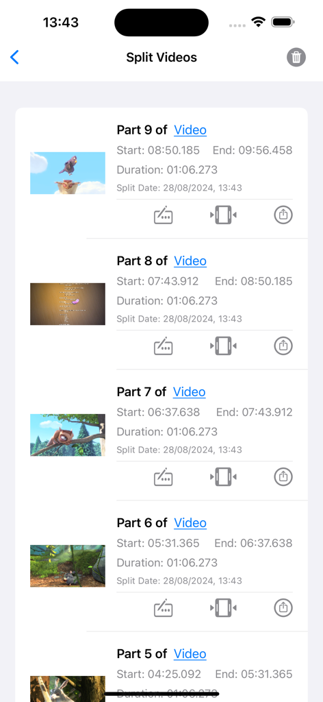 Schermata dell'app che mostra più parti video divise con miniature e durate