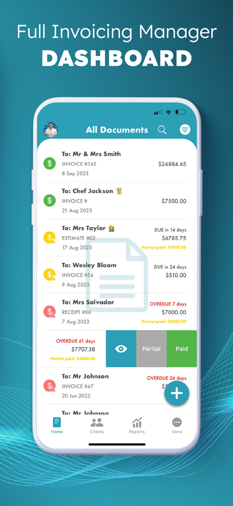 Visão do painel do App Criador de Faturas Simples no iPhone mostrando uma lista de faturas recentes com rótulos de status para pagamentos efetuados e atrasados.