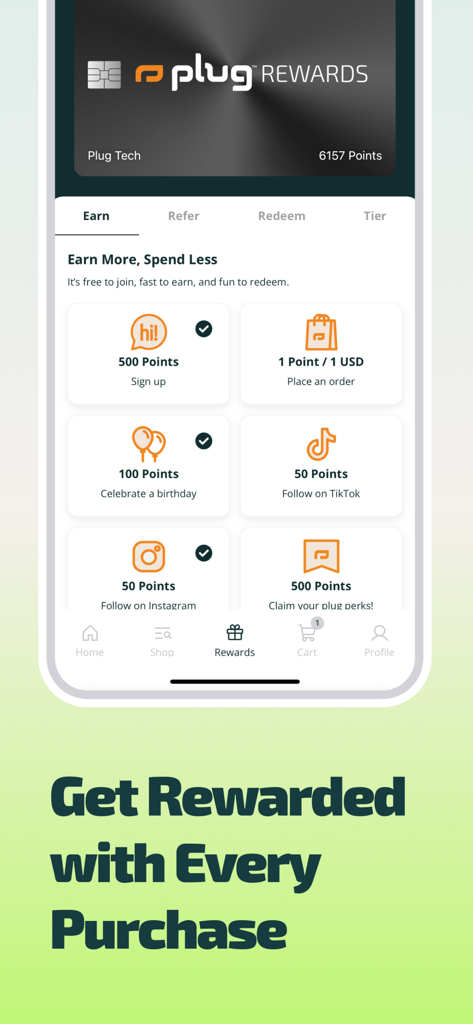 Mobile app screen for Plug rewards showing points earned through purchases and social media engagement