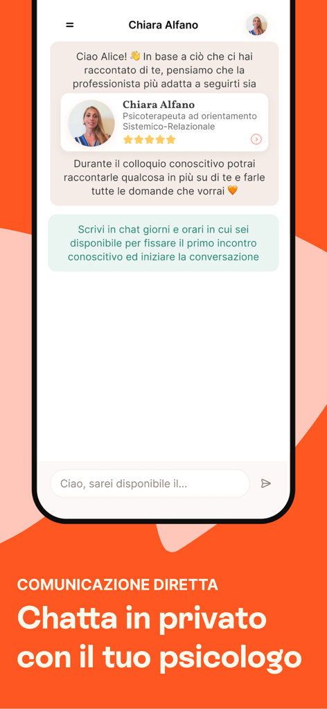 Pantalla de chat de la aplicación Unobravo mostrando un chat privado con un terapeuta emparejado.