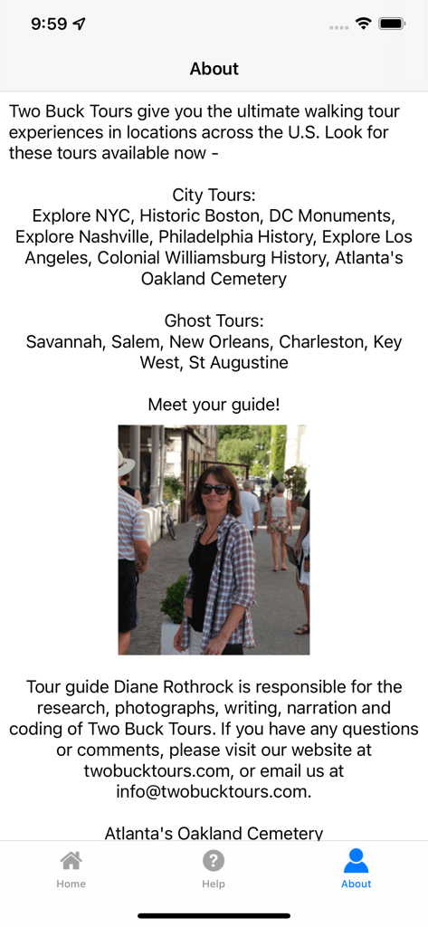 Atlanta's Oakland Cemetery - The about page of the Atlanta's Oakland Cemetery mobile app featuring information about the tour guide and other available Two Buck Tours.