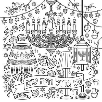 Bring the warm glow of Hanukkah to life with this beautiful coloring page filled with traditional symbols. Discover an array of festive lighting fixtures, menorahs, and dreidels, ready for your creative touch.