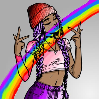 realistic teenage girl with braids and a beanie and crop top doing 🫶🏼