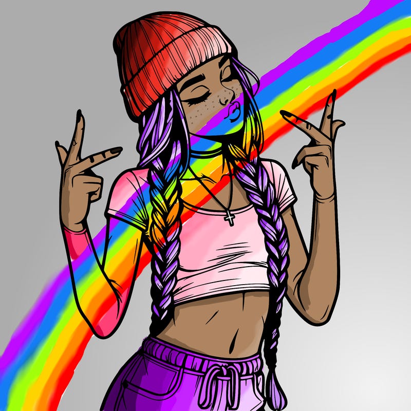 realistic teenage girl with braids and a beanie and crop top doing 🫶🏼