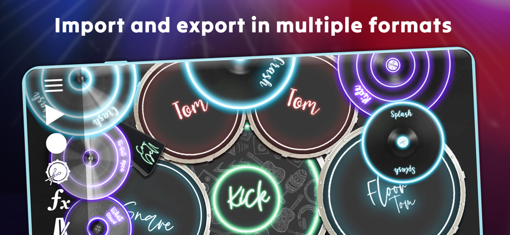 Drum Solo Studio - Una interfaz de kit de batería digital en la pantalla de una tableta con pads circulares brillantes y el texto Importar y exportar en múltiples formatos.