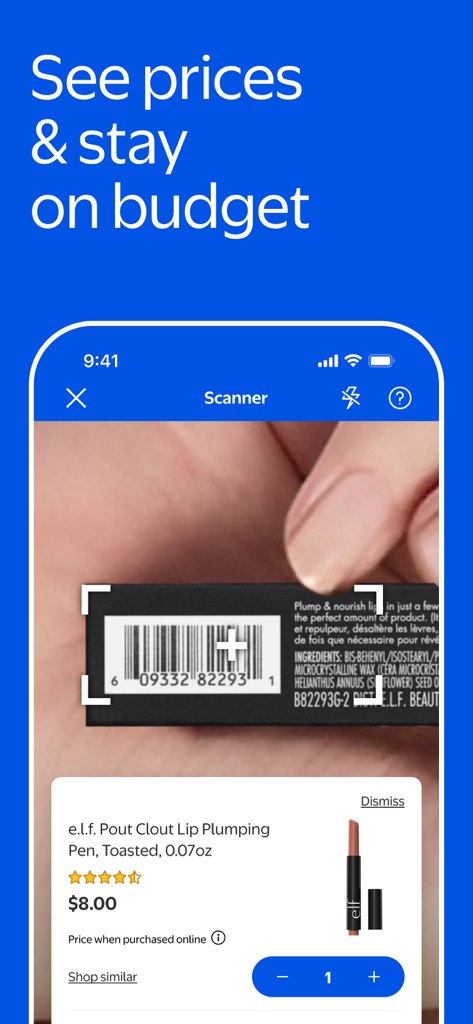 A mobile phone using the Walmart app barcode scanner to check the price of a product for budget management.