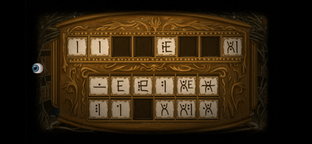 Fran Bow - An ornate wooden puzzle board from the game Fran Bow featuring stone tiles with mysterious symbols and a floating eyeball.
