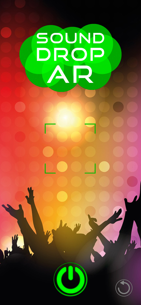 Sound Drop AR - Sound Drop AR launch screen featuring the green app logo over a crowd silhouette and a power button