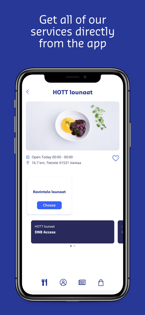 Capture d'écran de l'application mobile MySodexo montrant une vue du menu d'un restaurant avec l'image du plat et les options de commande