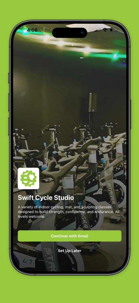 Swift Cycle Studio - Swift Cycle Studio App-Startbildschirm mit Indoor-Cycling-Bikes und einer E-Mail-Login-Option