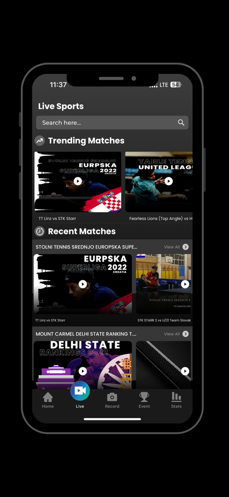 Stupa Analytics - Stupa Analytics app interface showing trending and recent table tennis match videos and live sports category