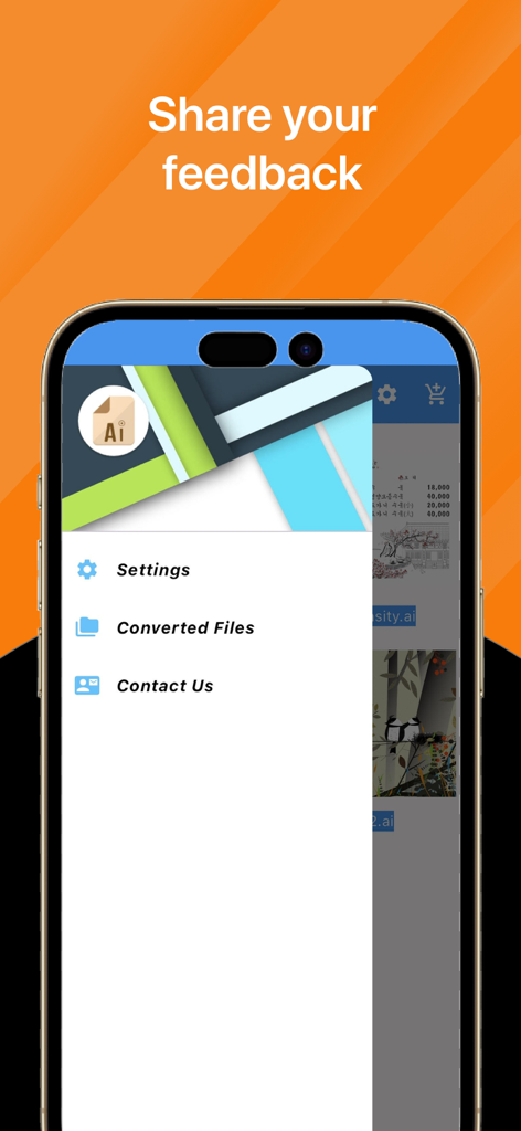 Ai File Converter - A mobile screen showing the sidebar menu of the Ai File Converter app with settings and file options