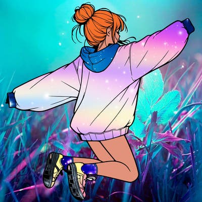 realistic girl jumping with a bun and oversized sweatshirt