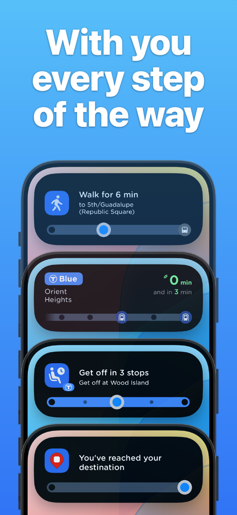 Boston Transit: MBTA Tracker - Real-time MBTA transit notifications showing walking directions, train arrivals, and get-off alerts on iPhone.