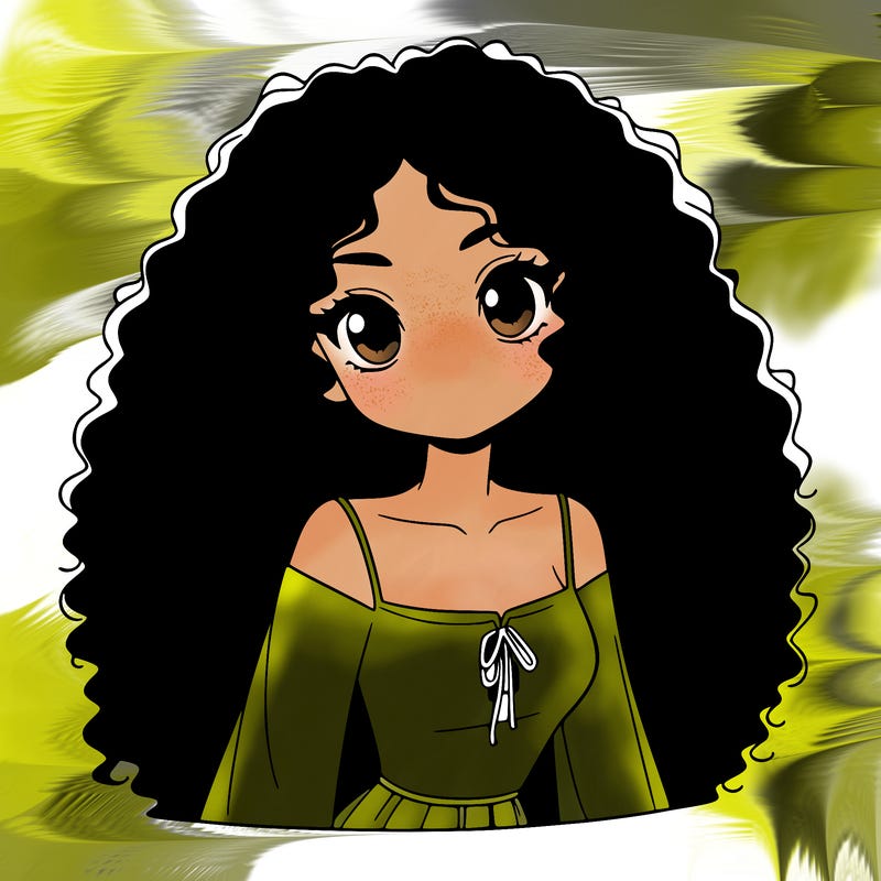 a black anime girl with long afro hair