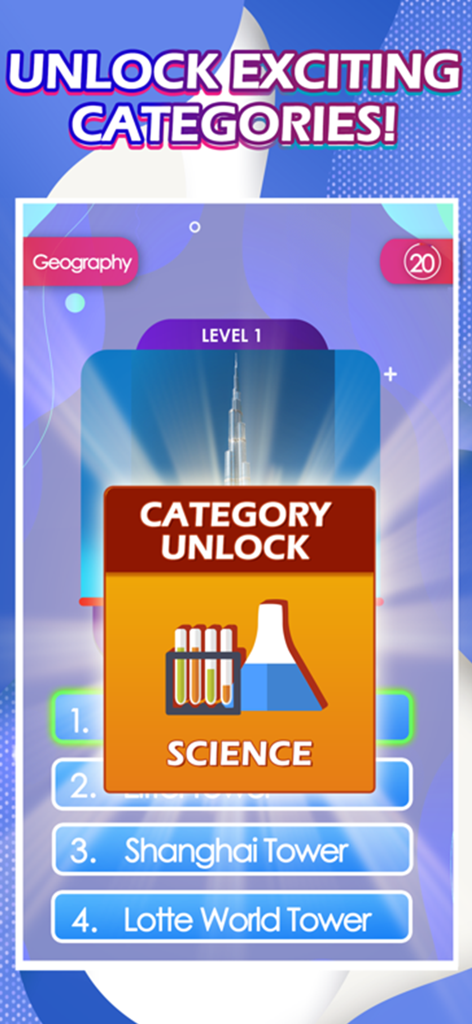 Trivia Quiz Test Games - A screenshot of the Trivia Quiz Test Games app showing a science category unlock notification.