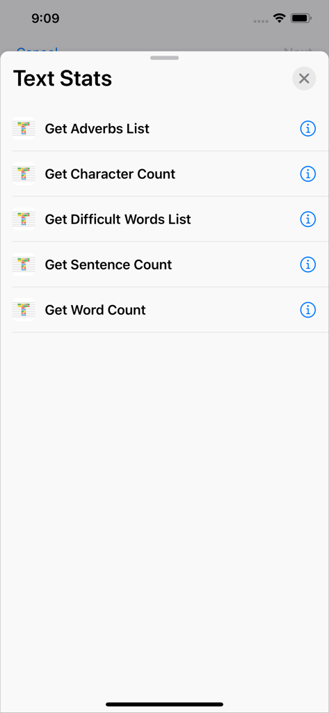 Text Stats mobile App-Oberfläche zeigt eine Liste von Textanalyse-Werkzeugen, einschließlich Wort- und Zeichenanzahl