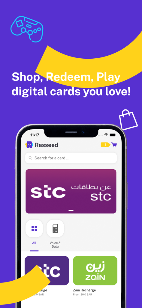 Rasseed mobile App-Oberfläche zum Kauf von STC- und Zain-Digitale-Geschenkkarten
