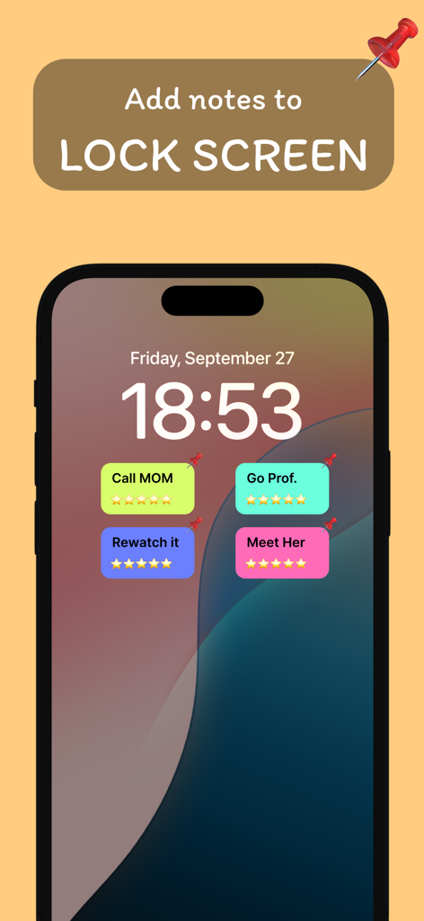 Sticky Notes Widget++ - Pantalla de bloqueo de iPhone que muestra coloridos widgets de notas adhesivas para recordatorios