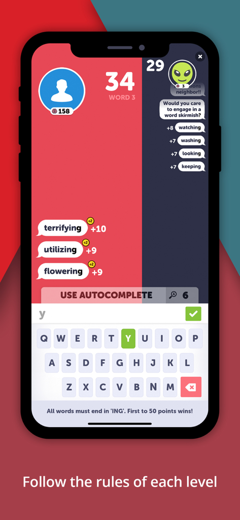 BattleText - Chat Battles - A gameplay screenshot of BattleText showing a competitive word battle with a specific rule that all words must end in ING.