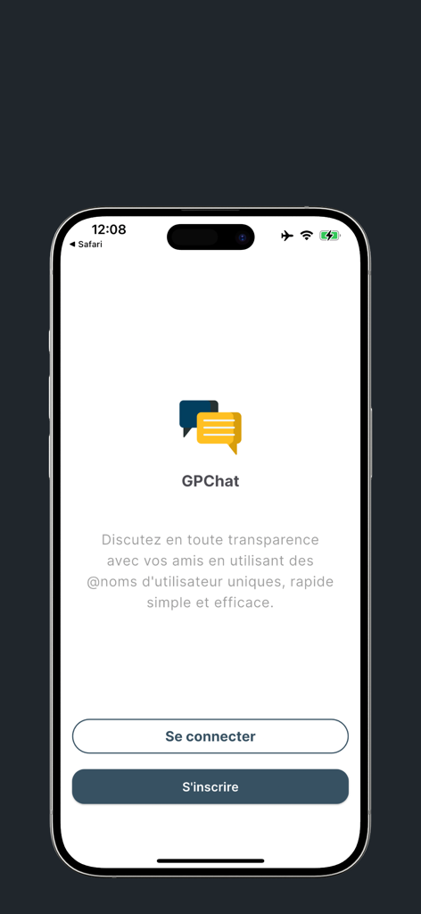 GPChat mobile app welcome screen showing the logo and login and signup buttons