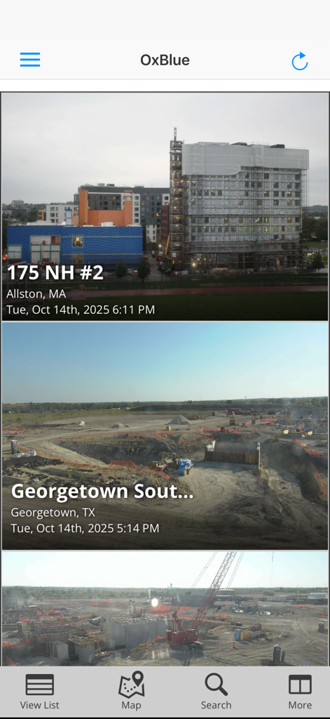 OxBlue Camera Viewer - OxBlue mobile app dashboard displaying a list of construction projects with live camera feed previews