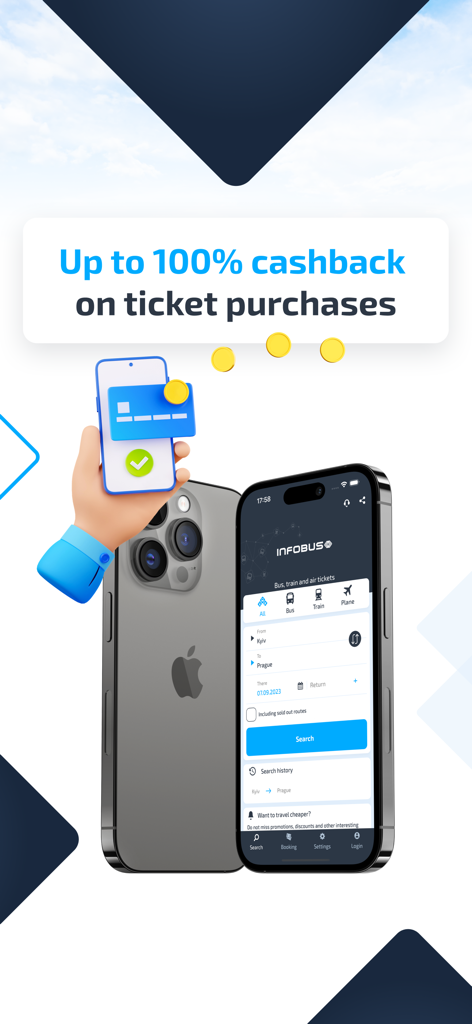 INFOBUS: Bus, train, flight - INFOBUS旅行アプリのインターフェースには、キャッシュバックプロモーション付きのバス、鉄道、航空券の検索が表示されています