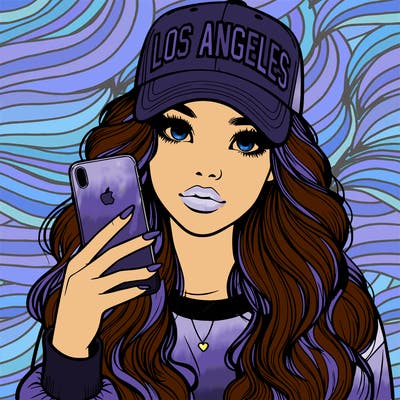 realistic beautiful girl wearing los ángeles cap holding an iphone