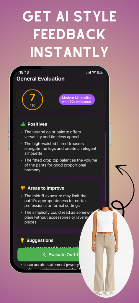 A mobile app interface showing AI style feedback and outfit evaluation with a score and fashion suggestions.