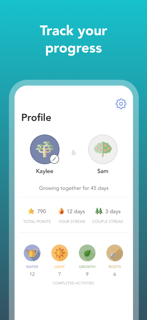 Evergreen: Relationship Growth - Página de perfil de la aplicación Evergreen que muestra rachas de parejas y puntos de progreso de la relación.