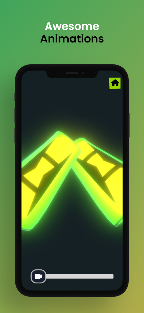 Omni-Watch 3D: Watch Simulator - A glowing green and yellow 3D alien watch animation on a mobile device