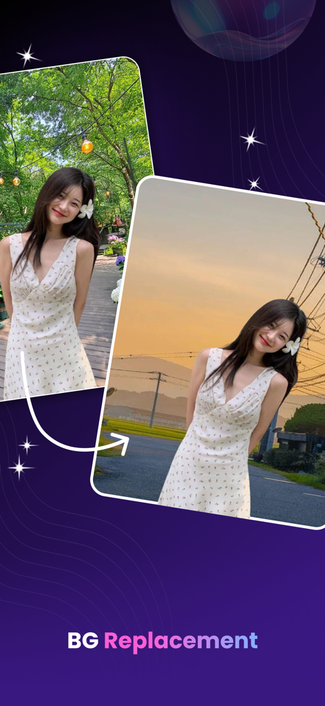 ポートレート写真のAI背景置換ツールを示す前後の比較