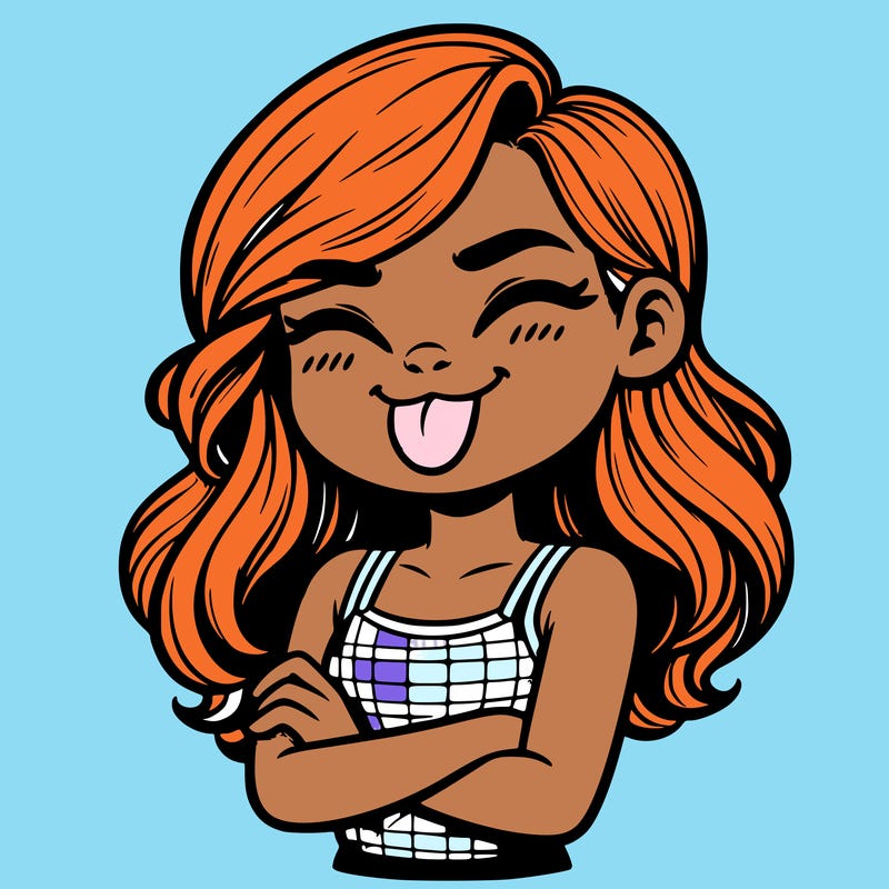 realistic girl crossing her arms and wearing a tank top with her tongue held out she has long hair