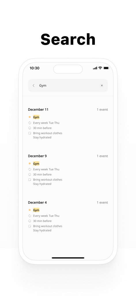 Tela de pesquisa do aplicativo Simple Calendar exibindo sessões de academia agendadas.
