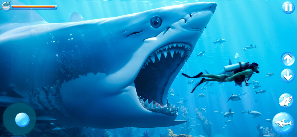 Ocean Shark Simulator - A large white shark attacking a scuba diver underwater in a simulator game