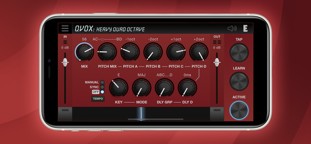 User interface of the QVox app by Eventide showing pitch shifting and delay control knobs on a mobile screen